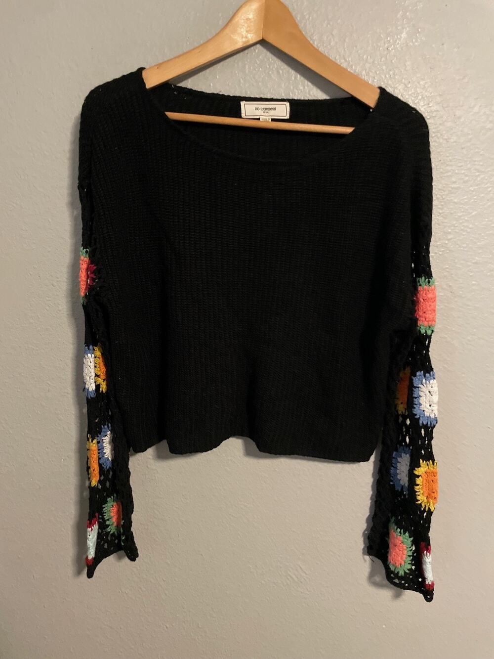 No Comment Sweater Womens Medium Black Crochet Granny Square Boho Festival